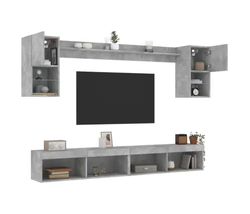 Sieninė Tv Sekcija Su Led, 6 Dalių, Betono, Apdirbta Mediena