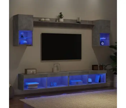 Sieninė Tv Sekcija Su Led, 6 Dalių, Betono, Apdirbta Mediena