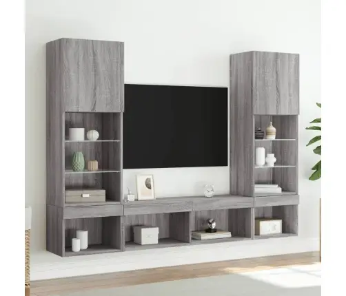 Sieninė Tv Sekcija Su Led, 5 Dalių, Pilka Ąžuolo, Mediena