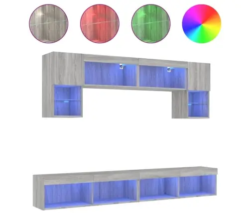 Sieninė Tv Sekcija Su Led, 6 Dalių, Pilka Ąžuolo, Mediena Sieninė Tv Sekcija Su Led, 6 Dalių, Pilka Ąžuolo, Mediena