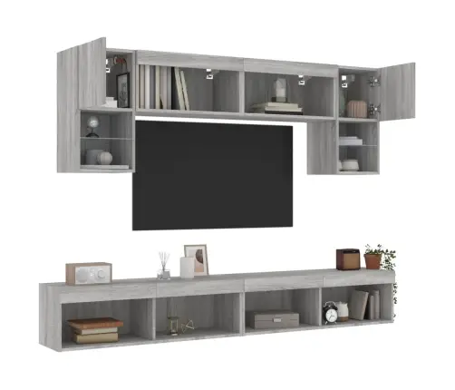 Sieninė Tv Sekcija Su Led, 6 Dalių, Pilka Ąžuolo, Mediena Sieninė Tv Sekcija Su Led, 6 Dalių, Pilka Ąžuolo, Mediena