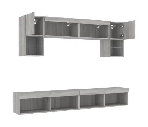 Sieninė Tv Sekcija Su Led, 6 Dalių, Pilka Ąžuolo, Mediena Sieninė Tv Sekcija Su Led, 6 Dalių, Pilka Ąžuolo, Mediena