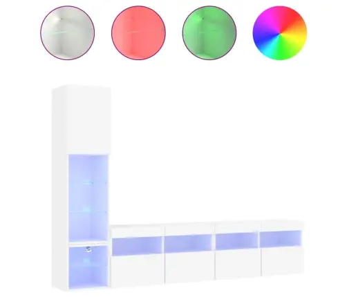 Sieninė Tv Sekcija Su Led, 4 Dalių, Balta, Apdirbta Mediena