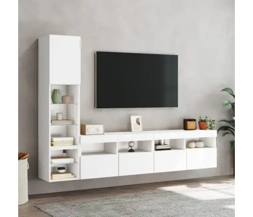 Sieninė Tv Sekcija Su Led, 4 Dalių, Balta, Apdirbta Mediena
