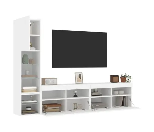 Sieninė Tv Sekcija Su Led, 4 Dalių, Balta, Apdirbta Mediena