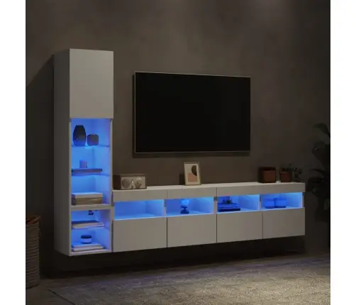 Sieninė Tv Sekcija Su Led, 4 Dalių, Balta, Apdirbta Mediena