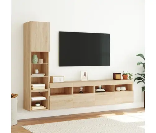 Sieninė Tv Sekcija Su Led, 4 Dalių, Ąžuolo, Apdirbta Mediena