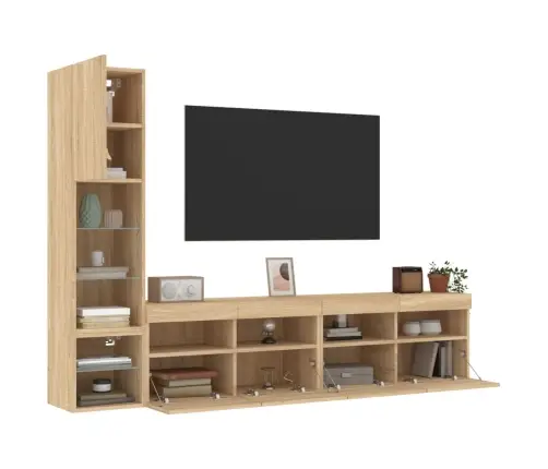 Sieninė Tv Sekcija Su Led, 4 Dalių, Ąžuolo, Apdirbta Mediena