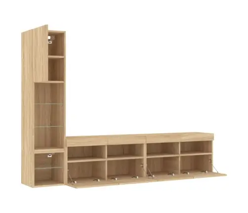 Sieninė Tv Sekcija Su Led, 4 Dalių, Ąžuolo, Apdirbta Mediena