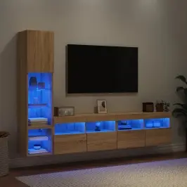 Sieninė Tv Sekcija Su Led, 4 Dalių, Ąžuolo, Apdirbta Mediena