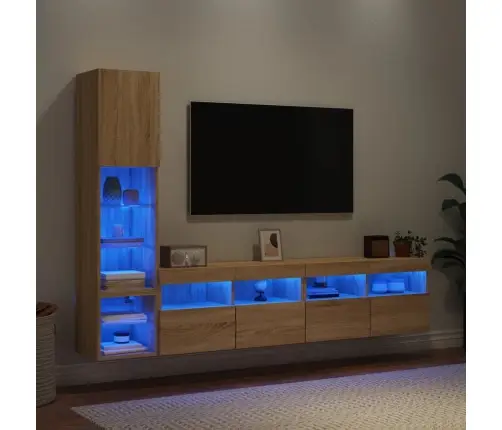 Sieninė Tv Sekcija Su Led, 4 Dalių, Ąžuolo, Apdirbta Mediena
