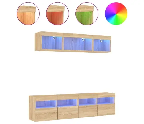 Sieninė Tv Sekcija Su Led, 5 Dalių, Ąžuolo, Apdirbta Mediena
