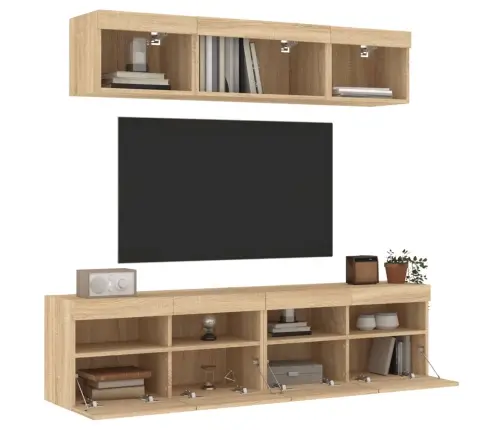 Sieninė Tv Sekcija Su Led, 5 Dalių, Ąžuolo, Apdirbta Mediena