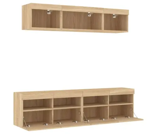 Sieninė Tv Sekcija Su Led, 5 Dalių, Ąžuolo, Apdirbta Mediena