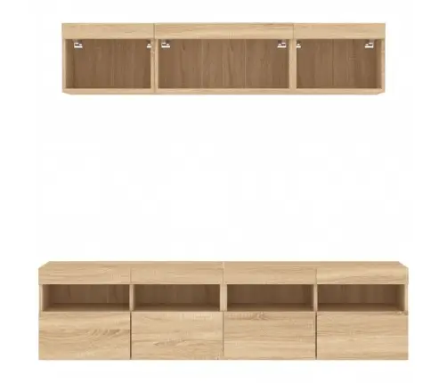 Sieninė Tv Sekcija Su Led, 5 Dalių, Ąžuolo, Apdirbta Mediena