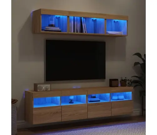 Sieninė Tv Sekcija Su Led, 5 Dalių, Ąžuolo, Apdirbta Mediena
