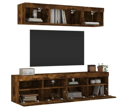 Sieninė Tv Sekcija Su Led, 5 Dalių, Dūminio Ąžuolo, Mediena