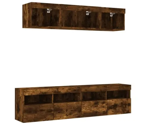 Sieninė Tv Sekcija Su Led, 5 Dalių, Dūminio Ąžuolo, Mediena