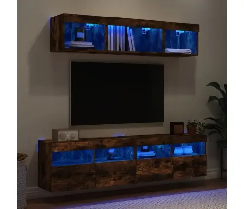 Sieninė Tv Sekcija Su Led, 5 Dalių, Dūminio Ąžuolo, Mediena