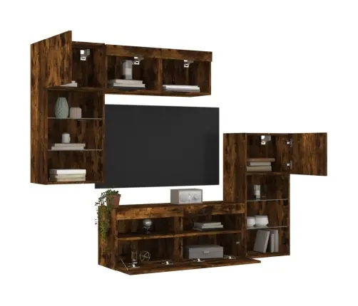 Sieninė Tv Sekcija Su Led, 5 Dalių, Dūminio Ąžuolo, Mediena