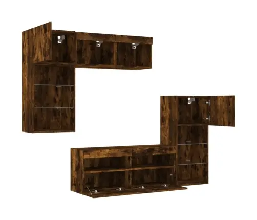 Sieninė Tv Sekcija Su Led, 5 Dalių, Dūminio Ąžuolo, Mediena