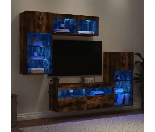 Sieninė Tv Sekcija Su Led, 5 Dalių, Dūminio Ąžuolo, Mediena