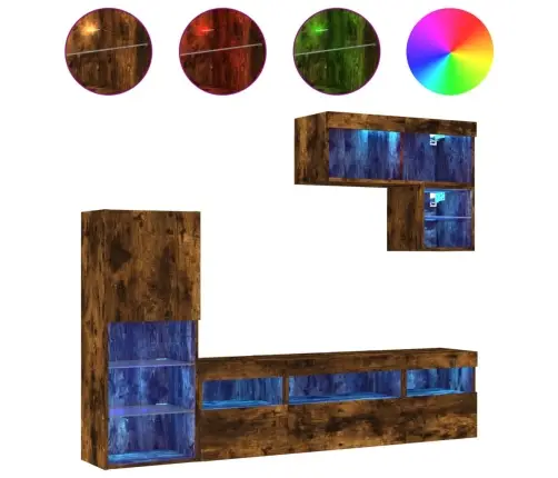 Sieninė Tv Sekcija Su Led, 6 Dalių, Dūminio Ąžuolo, Mediena Sieninė Tv Sekcija Su Led, 6 Dalių, Dūminio Ąžuolo, Mediena