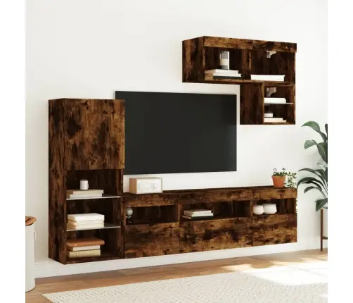 Sieninė Tv Sekcija Su Led, 6 Dalių, Dūminio Ąžuolo, Mediena Sieninė Tv Sekcija Su Led, 6 Dalių, Dūminio Ąžuolo, Mediena