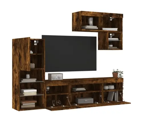 Sieninė Tv Sekcija Su Led, 6 Dalių, Dūminio Ąžuolo, Mediena Sieninė Tv Sekcija Su Led, 6 Dalių, Dūminio Ąžuolo, Mediena
