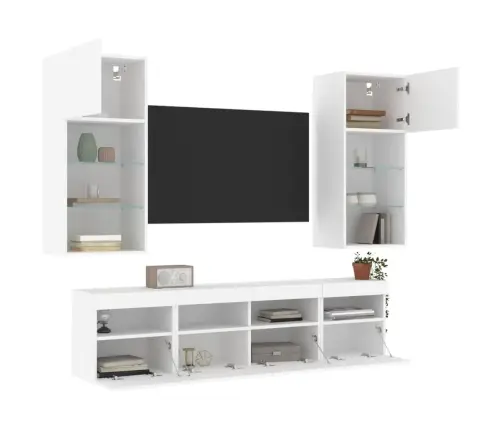 5-Daļīgs Tv Skapīšu Komplekts Ar Led, Balts, Inženierijas Koks Vidaxl