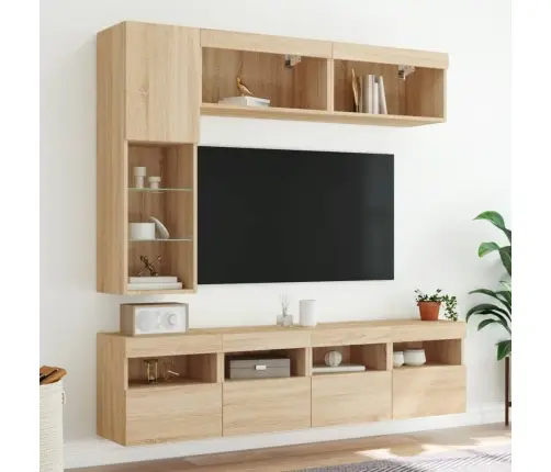 Sieninės Tv Spintelės Su Led Lemputėmis, 7Vnt., Ąžuolo Spalvos Sieninės Tv Spintelės Su Led Lemputėmis, 7Vnt., Ąžuolo Spalvos