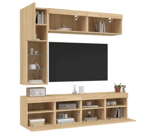 Sieninės Tv Spintelės Su Led Lemputėmis, 7Vnt., Ąžuolo Spalvos Sieninės Tv Spintelės Su Led Lemputėmis, 7Vnt., Ąžuolo Spalvos