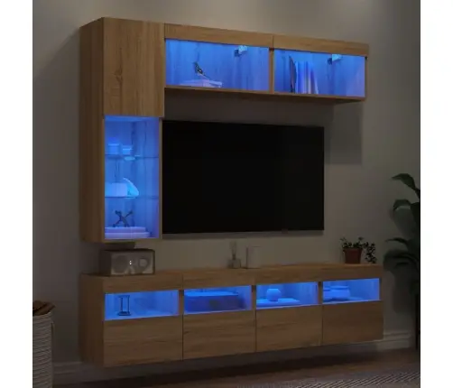 Sieninės Tv Spintelės Su Led Lemputėmis, 7Vnt., Ąžuolo Spalvos Sieninės Tv Spintelės Su Led Lemputėmis, 7Vnt., Ąžuolo Spalvos