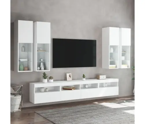 Sieninės Tv Spintelės Su Led Lemputėmis, 7Vnt., Baltos Spalvos