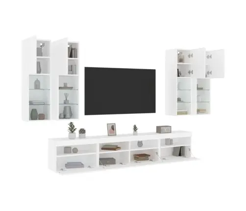 Sieninės Tv Spintelės Su Led Lemputėmis, 7Vnt., Baltos Spalvos