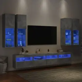 Sieninės Tv Spintelės Su Led Lemputėmis, 7Vnt., Betono Pilkos