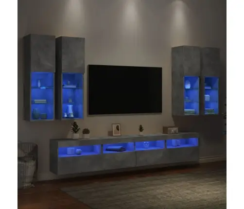 Sieninės Tv Spintelės Su Led Lemputėmis, 7Vnt., Betono Pilkos