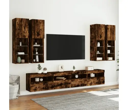 Sieninės Tv Spintelės Su Led Lemputėmis, 7Vnt., Dūminės Ąžuolo