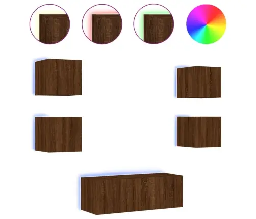 Sieninė Tv Sekcija Su Led, 6 Dalių, Ruda Ąžuolo, Mediena