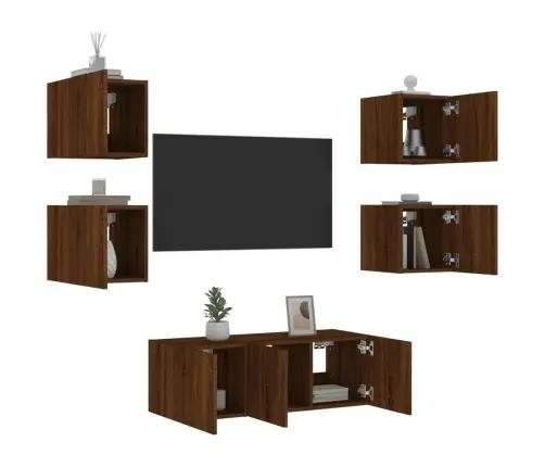 Sieninė Tv Sekcija Su Led, 6 Dalių, Ruda Ąžuolo, Mediena