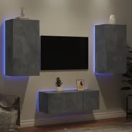 Sieninė Tv Sekcija Su Led, 4 Dalių, Betono, Apdirbta Mediena