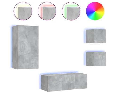 Sieninė Tv Sekcija Su Led, 5 Dalių, Betono, Apdirbta Mediena