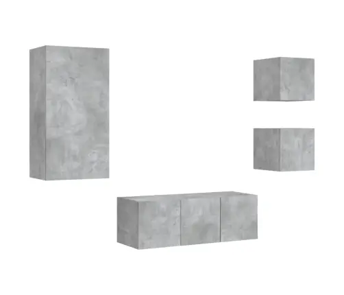 Sieninė Tv Sekcija Su Led, 5 Dalių, Betono, Apdirbta Mediena