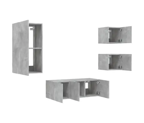 Sieninė Tv Sekcija Su Led, 5 Dalių, Betono, Apdirbta Mediena