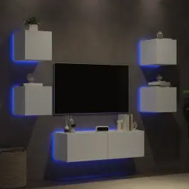 Sieninės Tv Spintelės Su Led Lemputėmis, 5 Dalių, Baltos