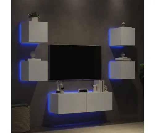 Sieninės Tv Spintelės Su Led Lemputėmis, 5 Dalių, Baltos Sieninės Tv Spintelės Su Led Lemputėmis, 5 Dalių, Baltos
