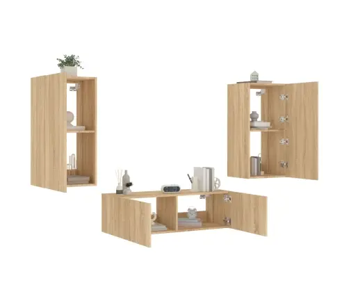 Sieninės Tv Spintelės Su Led Lemputėmis, 3 Dalių, Ąžuolo Sieninės Tv Spintelės Su Led Lemputėmis, 3 Dalių, Ąžuolo