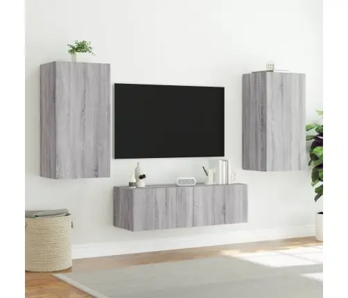 Tv Sienas Skapīši Ar Led, 3 Gab., Pelēka Ozola Vidaxl