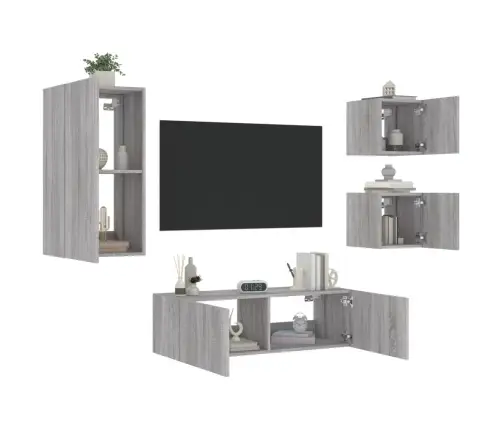 Tv Sienas Skapīši Ar Led, 4 Gab., Pelēka Ozola Vidaxl
