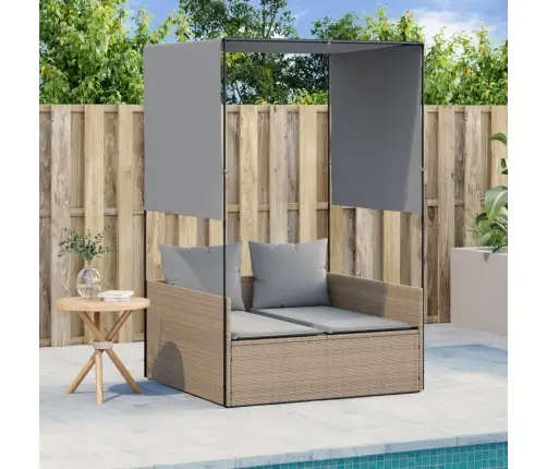 Kahekohaline Päevitustool Katuse Ja Kardinatega, Beež, Rotang